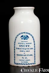 Hezekiah Starr, Rare CLEWS'S MANUFACTURER'S, Cobridge, England, circa 1820, Creamware Jar With Transfer-Printed Advertising for HEZEKIAH STARR / TOBACCO & CIGARS / BALTIMORE, circa 1820, Stoneware