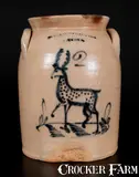 T. Harrington, Rare T. HARRINGTON / LYONS Stoneware Deer Crock, circa 1860, Stoneware
