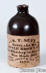 S. T. Suit, S. T. SUIT / SUITLAND, MD Tanware Whiskey Jug, circa 1880, Stoneware