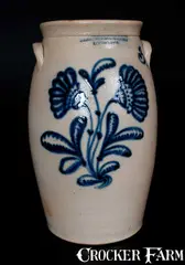 Harrington & Burger, HARRINGTON & BURGER / ROCHESTER Stoneware Churn w/ Elaborate Slip-Trailed Floral Decoration, circa 1852-1854, Stoneware