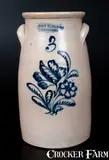 John Burger, JOHN BURGER / ROCHESTER Stoneware Churn w/ Very Fine Slip-Trailed Floral Decoration, circa 1860, Stoneware