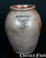 J. Remmey, Extremely Rare J. REMMEY / NEW YORK Ovoid Stoneware Jar w/ Impressed Leaves, circa 1810, Stoneware