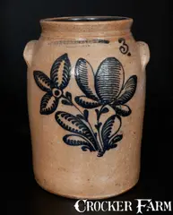 F. Stetzenmeyer & Co., F. STETZENMEYER & CO. / ROCHESTER, NY 3 Gal. Stoneware Crock w/ Elaborate Slip-Trailed Floral Decoration, circa 1850, Stoneware