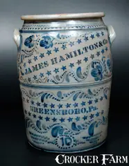 James Hamilton & Co., Exceptional JAMES HAMILTON & CO. / GREENSBORO, PA 10 Gal. Stoneware Crock w/ Profuse Decoration, circa 1875, Stoneware