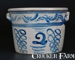 Boughner, Rare 2 Gal. BOUGHNER / GREENSBORO, PA Stoneware Handled Bowl w/ Profuse Cobalt Decoration, circa 1855, Stoneware