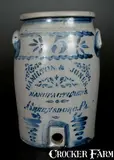 Hamilton & Jones, 5 Gal. HAMILTON & JONES / GREENSBORO, PA Stoneware Water Cooler w/ Stenciled and Freehand Decoration, circa 1875, Stoneware