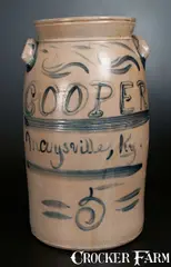 COOPER, Extremely Rare COOPER / MAYSVILLE, KY Signed A. & W. BOUGHNER Stoneware Churn, circa 1855, Stoneware