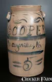 COOPER, Extremely Rare COOPER / MAYSVILLE, KY Signed A. & W. BOUGHNER Stoneware Churn, circa 1855, Stoneware