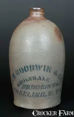 J. T. Goodwin, J. T. GOODWIN / WHEELING, W. VA Stenciled Stoneware Druggist's Advertising Jug, circa 1875, Stoneware
