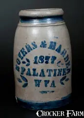 Palatine, Stoneware Canning Jar, Stenciled "BOYERS & HARDEN / 1877 / PALATINE / W VA", 1877, Stoneware