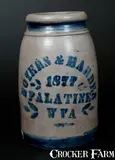 Palatine, Stoneware Canning Jar, Stenciled "BOYERS & HARDEN / 1877 / PALATINE / W VA", 1877, Stoneware