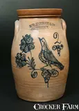 W.H. Farrar & Co., W. H. FARRAR & CO. / GEDDES, NY Stoneware Churn w/ Elaborate Bird-and-Floral Decoration