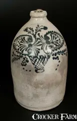 F. A. Gale, Rare F.A. GALE / GALESVILLE, NY Stoneware Jug w/ Unusual Basket-of-Flowers Decoration, circa 1858, Stoneware
