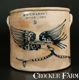 Wm E. Warner, WM. E. WARNER / WEST TROY Stoneware Crock w/ Slip-Trailed Eagle Decoration