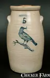 John Burger, 5 Gal. JOHN BURGER / ROCHESTER Stoneware Churn w/ Very Detailed Songbird Decoration, circa 1860, Stoneware