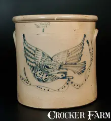 Ny Pottery, WEST TROY, NY / POTTERY 6 Gal. Stoneware Crock w/ Elaborate Flying Eagle Decoration, circa 1875, Stoneware