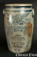 Jas. Hamilton & Co., Exceptional 20 Gal. JAS. HAMILTON & CO. / GREENSBORO, PA Stoneware Eagle Crock, circa 1875, Stoneware