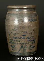 E. J. Miller, E. J. MILLER / ALEXANDRIA 1 1/2 Gal. Stoneware Stenciled Advertising Crock, circa 1875, Stoneware