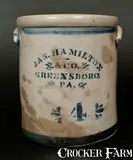 Jas. Hamilton & Co., JAS. HAMILTON & CO. / GREENSBORO, PA 4 Gal. Stoneware Crock, circa 1875, Stoneware