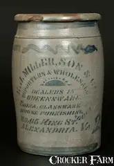 E. J. Miller, Very Fine E. J. MILLER / ALEXANDRIA, VA Stoneware Advertising Crock with Stenciled Sun, circa 1875, Stoneware
