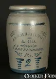 2 Gal. JAS. HAMILTON & CO. / GREENSBORO, PA Stoneware Jar with Stenciled and Brushed Decoration by Jas. Hamilton & Co., circa 1875, Stoneware, sold Mar 2014