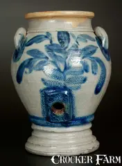 R. W. Russell, Exceptional R. W. RUSSELL / BEAVER, PA Diminutive Stoneware Pedestal Water Cooler w/ Floral Decoration, mid 19th century, Stoneware