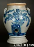 R. W. Russell, Exceptional R. W. RUSSELL / BEAVER, PA Diminutive Stoneware Pedestal Water Cooler w/ Floral Decoration, mid 19th century, Stoneware