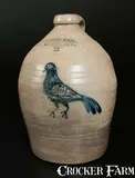 COWDEN & WILCOX / HARRISBURG, PA Stoneware Jug w/ Unusual Heavily-Shaded Bird Decoration by Cowden & Wilcox, circa 1865, Stoneware, sold Mar 2014