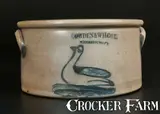 Rare COWDEN & WILCOX / HARRISBURG, PA Stoneware Butter Crock w/ Swan by Cowden & Wilcox, circa 1865, Stoneware, sold Mar 2014