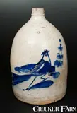 White & Wood, 3 Gal. WHITE & WOOD / BINGHAMTON, NY Stoneware Jug with Paddletail Bird Decoration, circa 1885, Stoneware