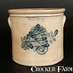 E.A. Montell, E.A. MONTELL / OLEAN, NY 4 Gal. Stoneware Crock with Floral Decoration, circa 1870, Stoneware