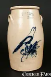 E & L P NORTON / BENNINGTON VT Stoneware Churn with Cobalt Bird Decoration, Five-Gallon. by E & L P Norton, circa 1870, Stoneware, sold Nov 2013