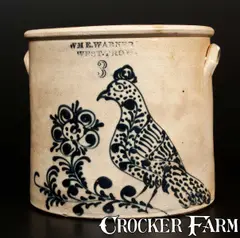 Wm E. Warner, Outstanding WM. E. WARNER / WEST TROY Stoneware Bird Crock w/ Elaborate Design, circa 1850, Stoneware