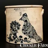 Wm E. Warner, Outstanding WM. E. WARNER / WEST TROY Stoneware Bird Crock w/ Elaborate Design