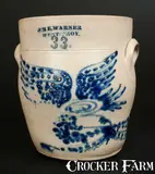 Wm E. Warner, 3 Gal. WM. E. WARNER / WEST TROY Stoneware Crock with Elaborate Flying Eagle Decoration