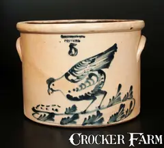 West Troy Pottery, 5 Gal. WEST TROY / POTTERY Stoneware Cake Crock with Chicken Pecking Corn Decoration, circa 1870, Stoneware