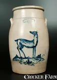 Ottman Bros, Rare OTTMAN BROS. / FORT EDWARD, NY Stoneware Churn with Standing Doe Decoration, circa 1880, Stoneware
