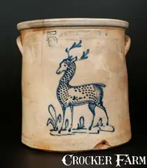 Hubbell & Cheesebro, Rare 5 Gal. HUBBELL & CHEESEBRO / GEDDES, NY Stoneware Standing Deer Crock, circa 1875, Stoneware