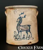 Hubbell & Cheesebro, Rare 5 Gal. HUBBELL & CHEESEBRO / GEDDES, NY Stoneware Standing Deer Crock, circa 1875, Stoneware