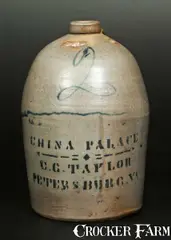China Palace, 2 Gal. CHINA PALACE / C.G. TAYLOR / PETERSBURG, VA Stoneware Advertising Jug, circa 1875, Stoneware