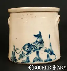 Adam Caire, 4 Gal. ADAM CAIRE / PO'KEEPSIE, NY Stoneware Crock with Reclining Dog Decoration, circa 1885, Stoneware