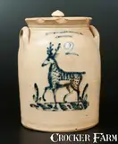T. Harrington, Very Rare T. HARRINGTON / LYONS Stoneware 2 Gal. Stoneware Lidded Jar with Deer Decoration, circa 1860, Stoneware