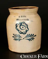 C. HART / SHERBURNE 1 Gal. Stoneware Crock with Slip-Trailed Floral Decoration by C. Hart, circa 1853-1858, Stoneware, sold Nov 2013