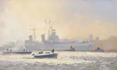 Victor William Ellis, Hms Belfast Under Tow, Oil on canvas board