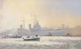 Victor William Ellis, Hms Belfast Under Tow, Oil on canvas board