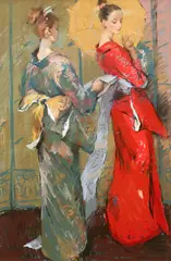 Valeriy Grindnev, Geisha Girls, mixed media on board