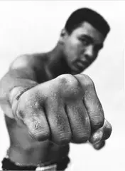 Thomas Hoepker, Muhammad Ali demonstrating his punch, Chicago 1966, 1966, Vintage silver print on double-weight semi-matte paper, in good condition. Signed by the photographer in pencil, handwritten negative number "2723-9" in pencil, two "Magnum Photos Inc." copyright labe