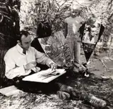 Padhi Frieberger, Friedensreich Hundertwasser, Yuko Ikewada and Jawo, Haggenberg, Austria 1964, 1964, Vintage silver print on double-weight glossy Leonar paper