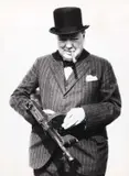 William George Horton, Winston Churchill with US-M1 carbine, Salisbury 1944, 1944, Vintage silver print on single-weight glossy paper, in good condition. "Press Association" agency stamp with address at Fleet Street, London, and several annotations on the reverse. W.G. Horton worked