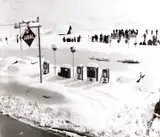 Hans Truöl, Aral petrol station and Ski school in Zürs, Austria c. 1958, 1958, Gelatin silver print, printed in the late 1970s on single-weight glossy Agfa paper